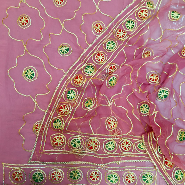 ONION PINK DOLA SILK HANDWORK UNSTITCHED SUIT PANT AND DUPATTA SET