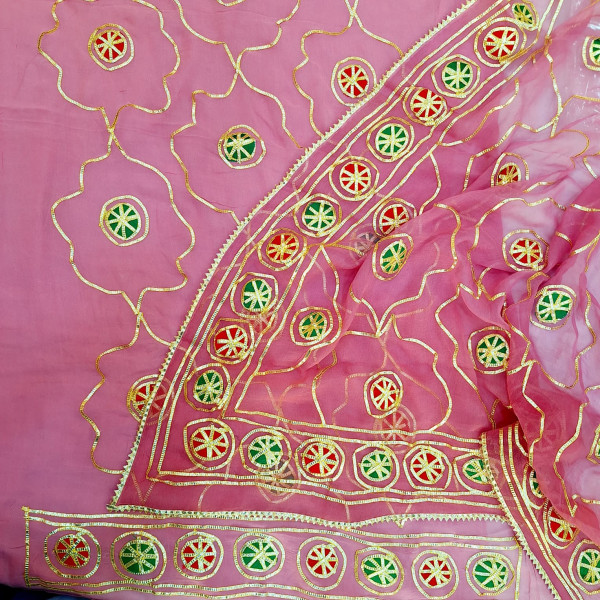 ONION PINK DOLA SILK HANDWORK UNSTITCHED SUIT PANT AND DUPATTA SET