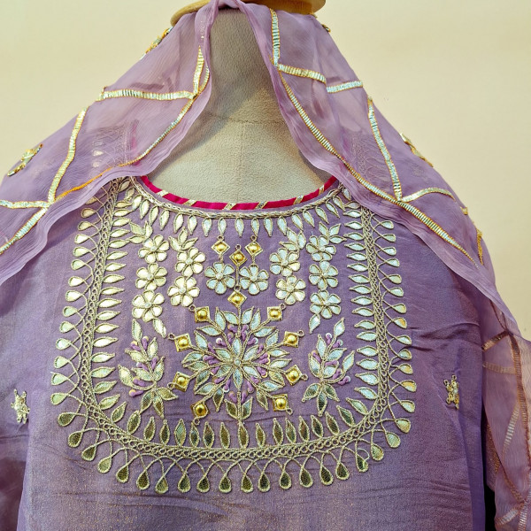 LAVENDER TISSUE HANDWORK SHORT KURTI SKIRT AND DUPATTA SET