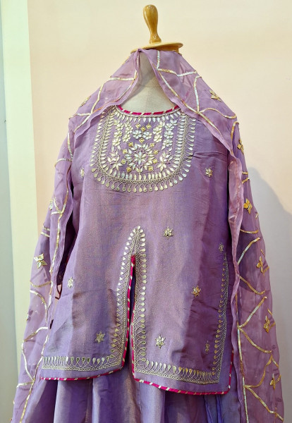 LAVENDER TISSUE HANDWORK SHORT KURTI SKIRT AND DUPATTA SET