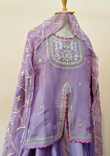 LAVENDER TISSUE HANDWORK SHORT KURTI SKIRT AND DUPATTA SET
