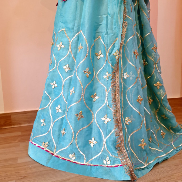 AQUA BLUE TISSUE HANDWORK SHORT KURTI SKIRT AND DUPATTA SET