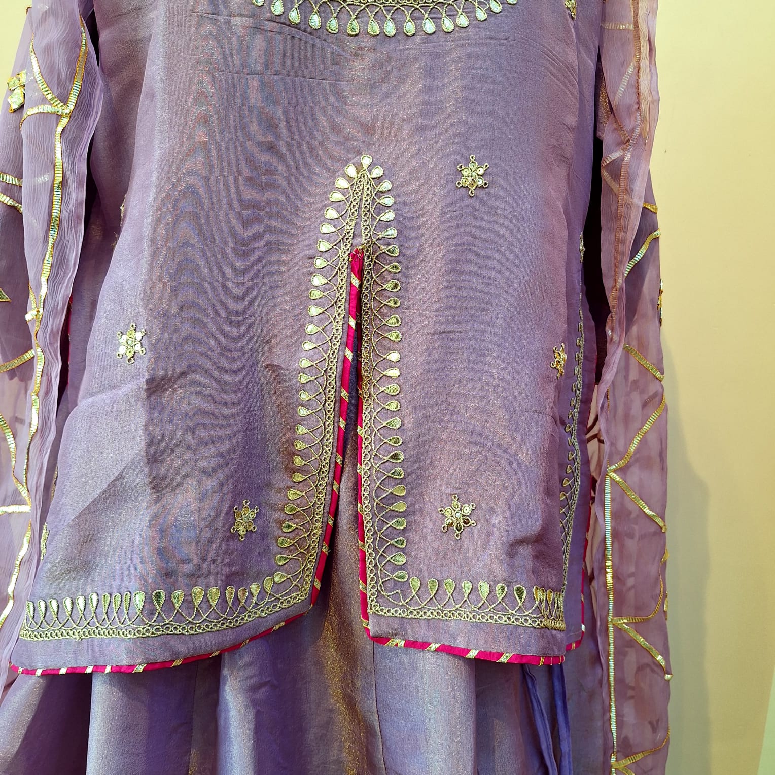 LAVENDER TISSUE HANDWORK SHORT KURTI SKIRT AND DUPATTA SET