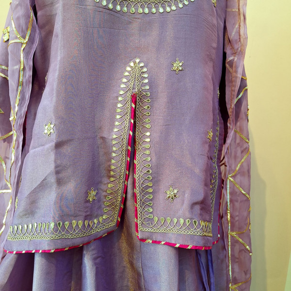 LAVENDER TISSUE HANDWORK SHORT KURTI SKIRT AND DUPATTA SET