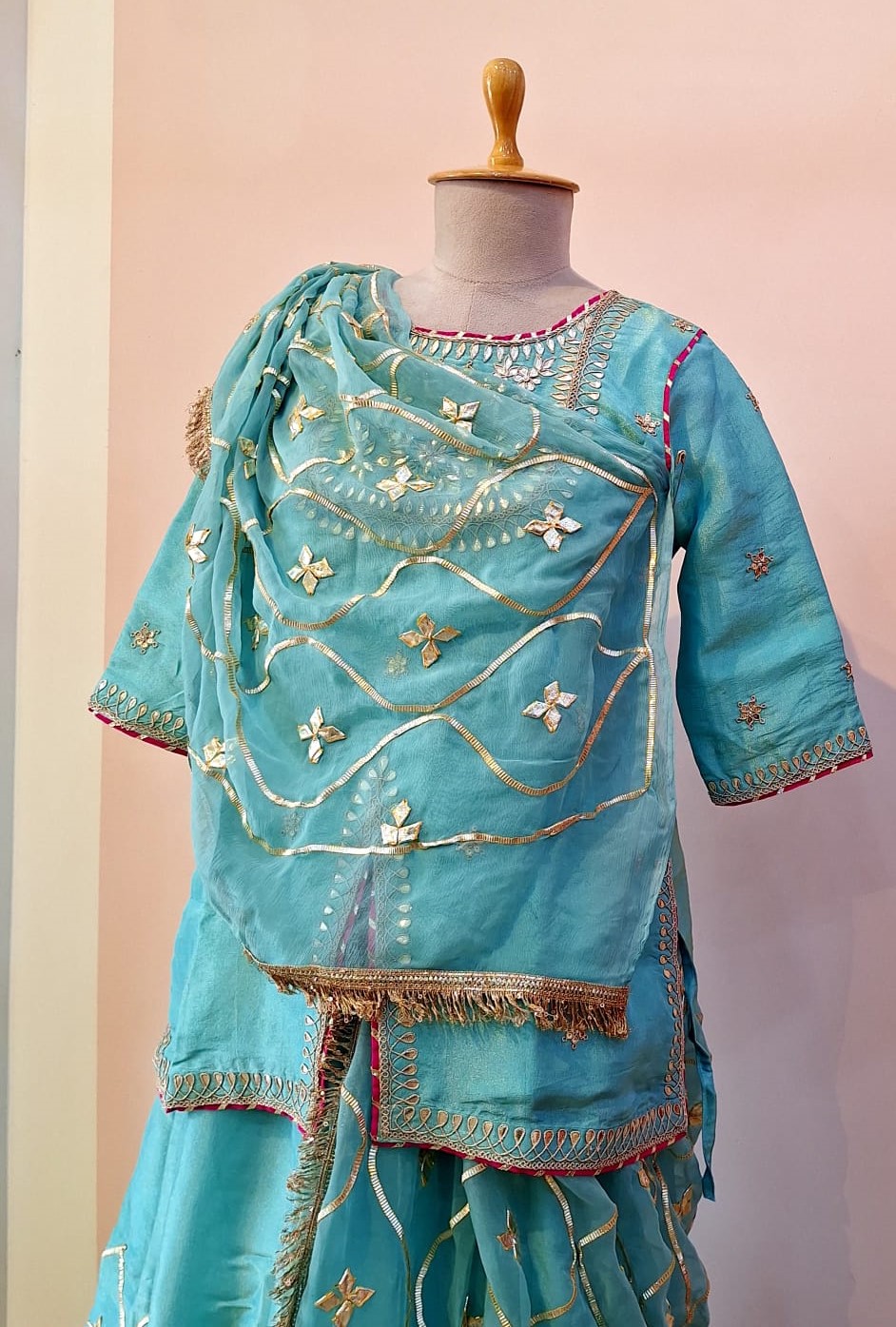 AQUA BLUE TISSUE HANDWORK SHORT KURTI SKIRT AND DUPATTA SET