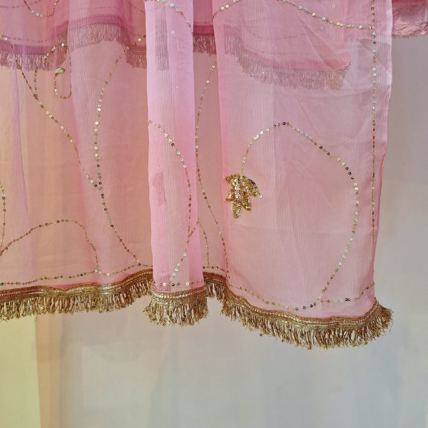 LIGHT PINK DOLA SILK HANDWORK UNSTITCHED SUIT PANT AND DUPATTA SET