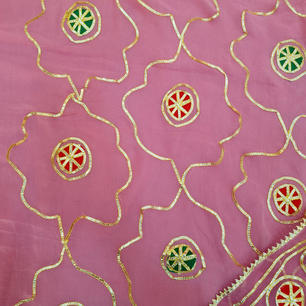 ONION PINK DOLA SILK HANDWORK UNSTITCHED SUIT PANT AND DUPATTA SET
