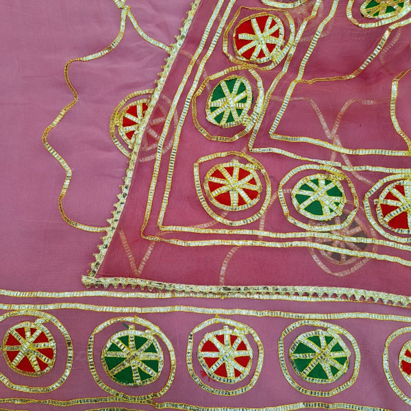 ONION PINK DOLA SILK HANDWORK UNSTITCHED SUIT PANT AND DUPATTA SET