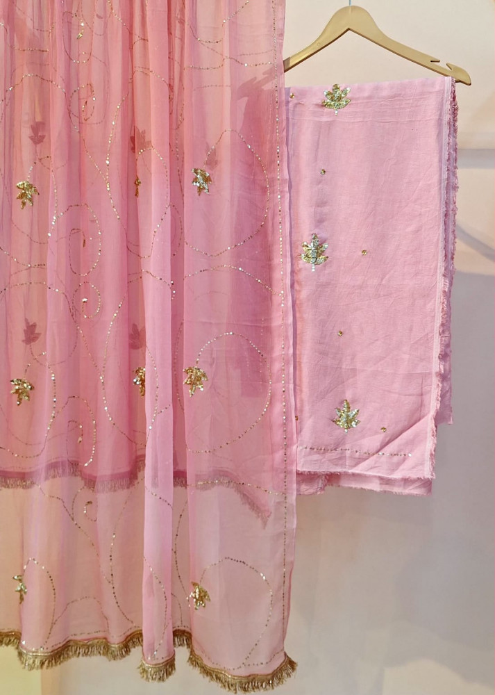 Image of LIGHT PINK DOLA SILK HANDWORK UNSTITCHED SUIT PANT AND DUPATTA SET