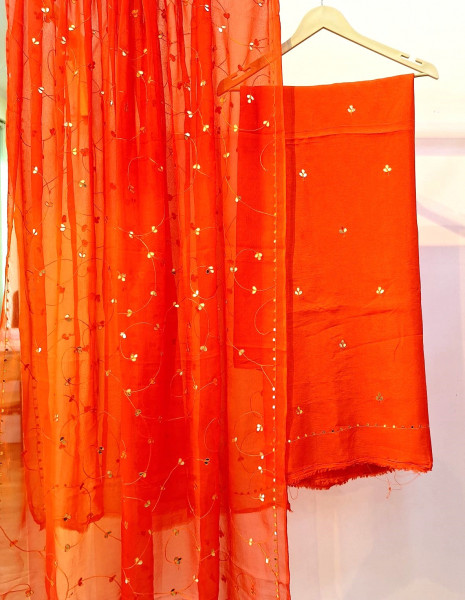 ORANGE DOLA SILK HANDWORK UNSTITCHED SUIT PANT AND DUPATTA SET