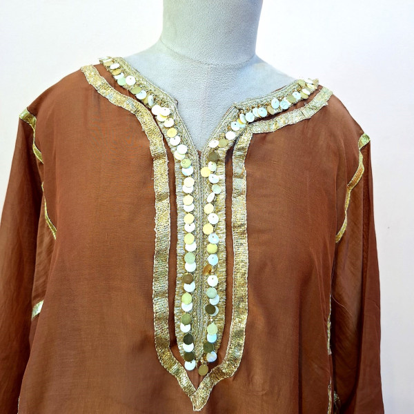 BROWN MUL CHANDERI HANDWORK KAFTAN SET