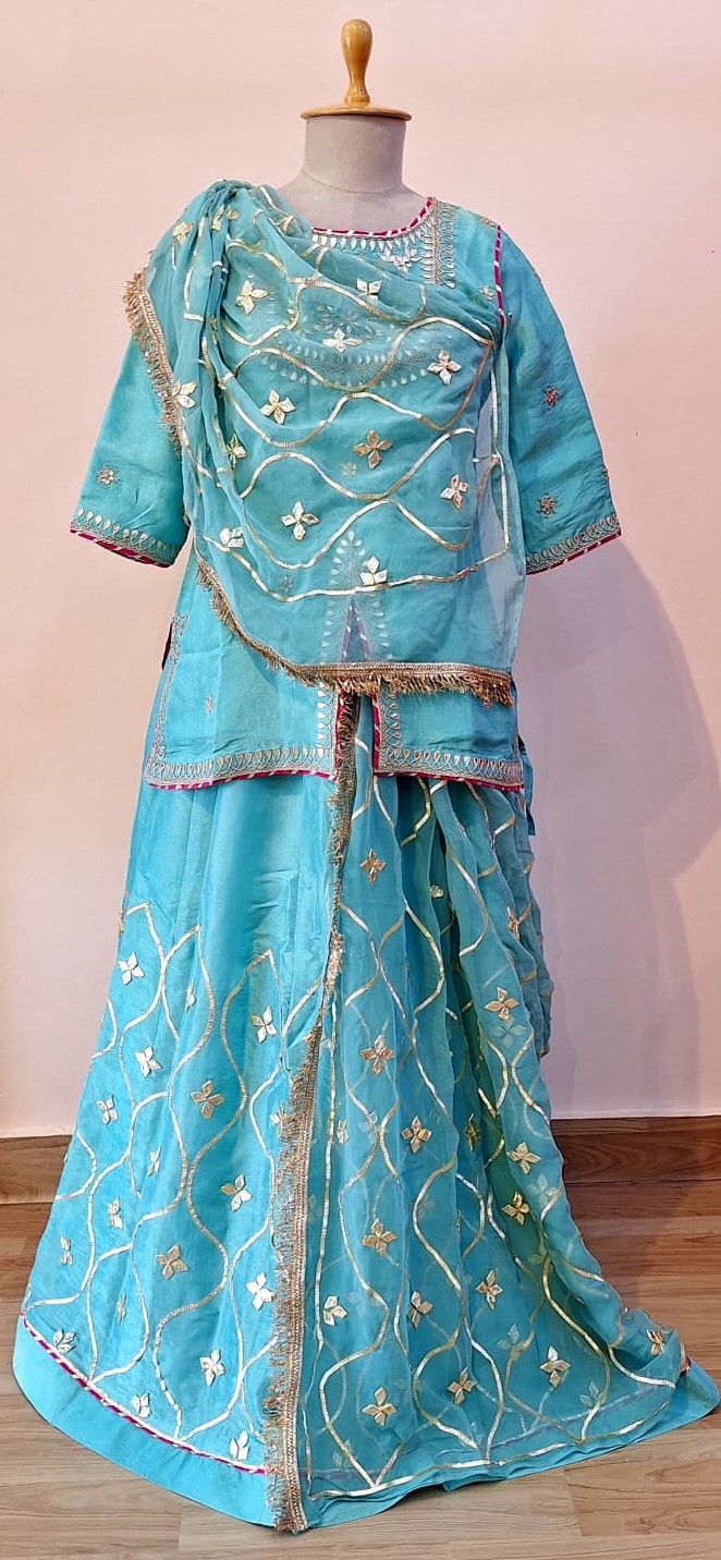 AQUA BLUE TISSUE HANDWORK SHORT KURTI SKIRT AND DUPATTA SET