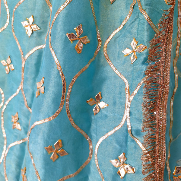 AQUA BLUE TISSUE HANDWORK SHORT KURTI SKIRT AND DUPATTA SET