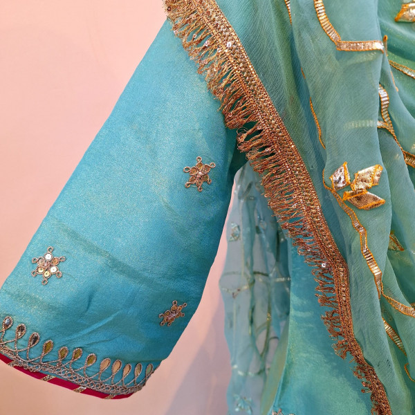 AQUA BLUE TISSUE HANDWORK SHORT KURTI SKIRT AND DUPATTA SET