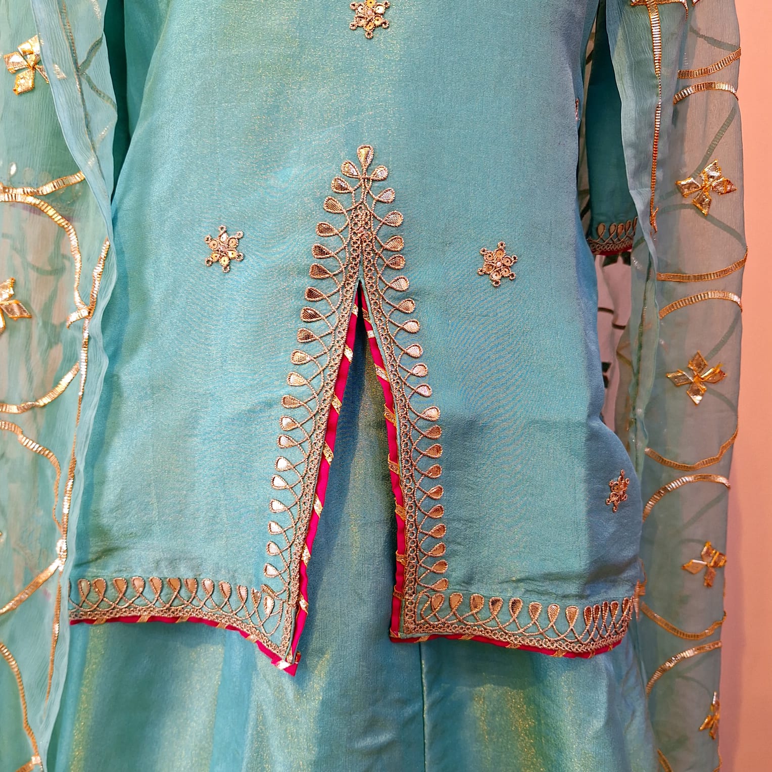 AQUA BLUE TISSUE HANDWORK SHORT KURTI SKIRT AND DUPATTA SET