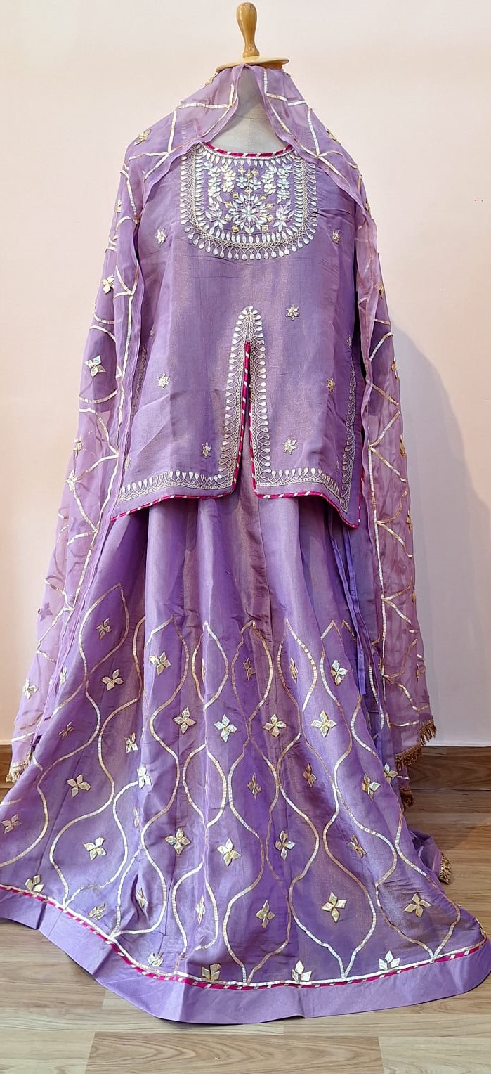 LAVENDER TISSUE HANDWORK SHORT KURTI SKIRT AND DUPATTA SET