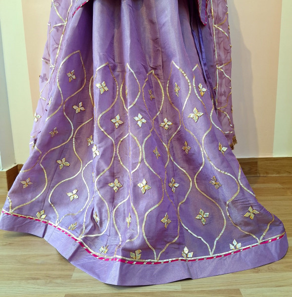 LAVENDER TISSUE HANDWORK SHORT KURTI SKIRT AND DUPATTA SET