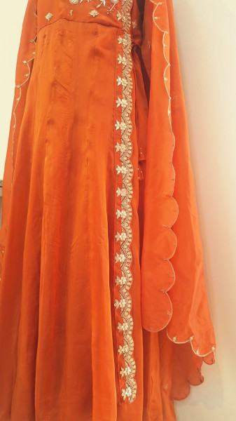 ORANGE HEAVY HANDWORK ANGRAKHA WITH PANT AND DUPPTTA SET