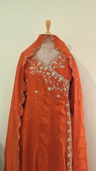 ORANGE HEAVY HANDWORK ANGRAKHA WITH PANT AND DUPPTTA SET