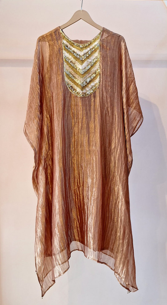 Image of COPPER PURE TISSUE HANDWORK KAFTAN SET