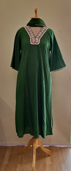 BOTTLE GREEN LUREX KURTI PANT WITH DUPPTTA SET