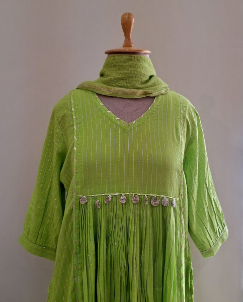 LIRIL GREEN LUREX KURTI PANT AND DUPPTTA SET