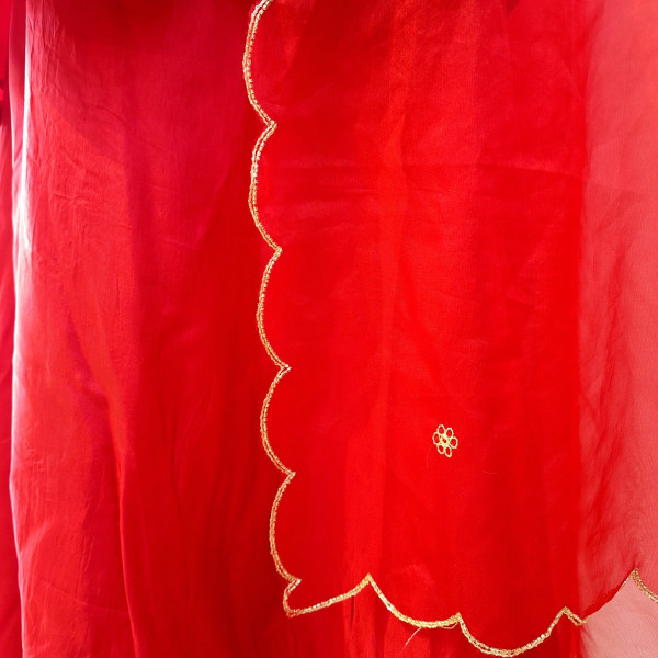 RED HANDWORK ANGRAKHA WITH FLAYED PLAZO AND DUPPTTA SET