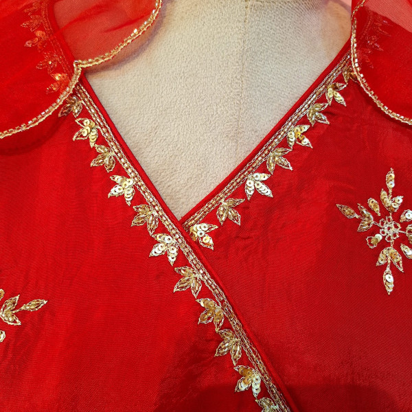 RED HANDWORK ANGRAKHA WITH FLAYED PLAZO AND DUPPTTA SET