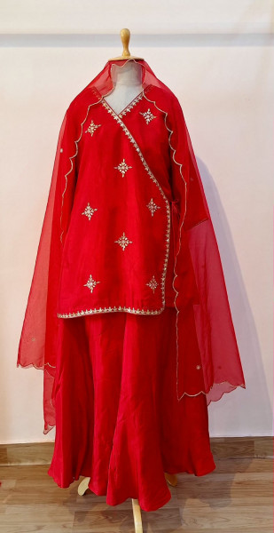 RED HANDWORK ANGRAKHA WITH FLAYED PLAZO AND DUPPTTA SET