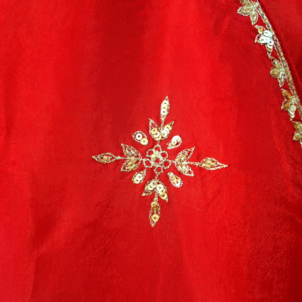 RED HANDWORK ANGRAKHA WITH FLAYED PLAZO AND DUPPTTA SET