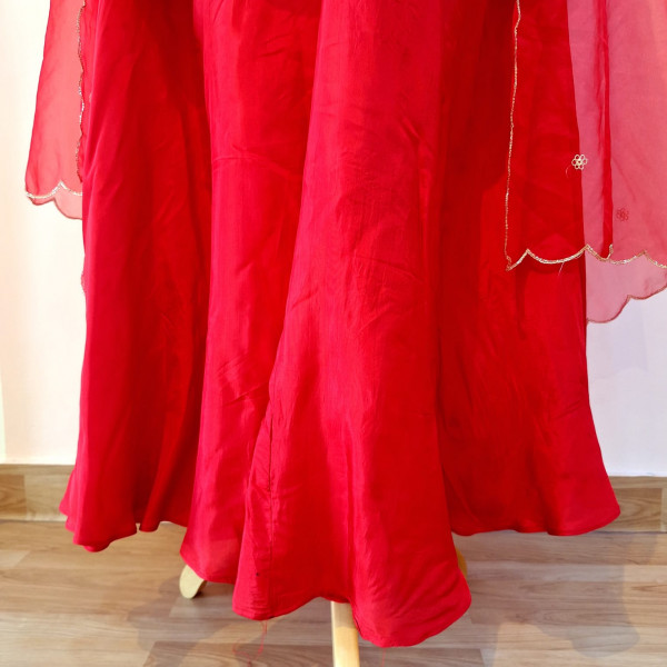 RED HANDWORK ANGRAKHA WITH FLAYED PLAZO AND DUPPTTA SET