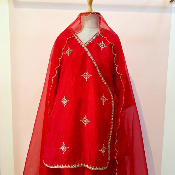 RED HANDWORK ANGRAKHA WITH FLAYED PLAZO AND DUPPTTA SET