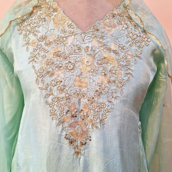 AQUA BLUE HANDWORK KURTI WITH PANT AND DUPPTTA SET