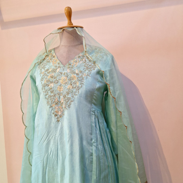 AQUA BLUE HANDWORK KURTI WITH PANT AND DUPPTTA SET