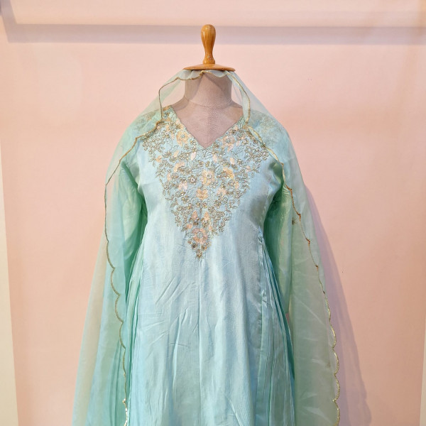 AQUA BLUE HANDWORK KURTI WITH PANT AND DUPPTTA SET