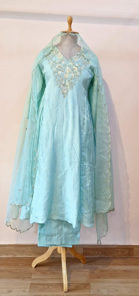 AQUA BLUE HANDWORK KURTI WITH PANT AND DUPPTTA SET