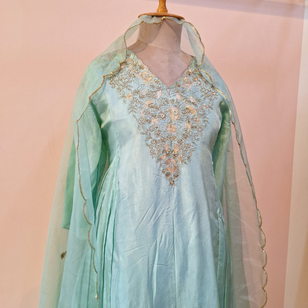 AQUA BLUE HANDWORK KURTI WITH PANT AND DUPPTTA SET