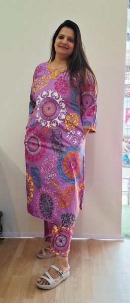 PURPLE COTTON PRINT KURTI PANT SET