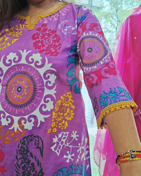 PURPLE COTTON PRINT KURTI PANT SET