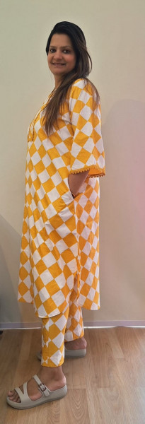 YELLOW WHITE COTTON KURTI PANT SET