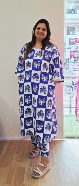 BLUE WHITE COTTON PRINT KURTI PANT SET