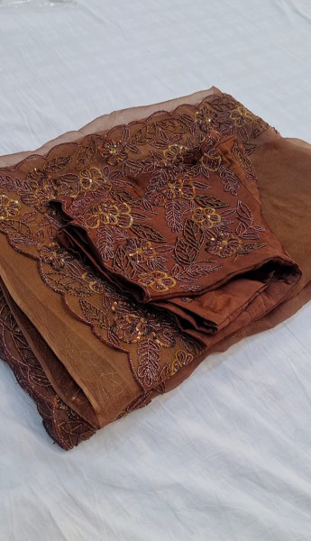 BROWN PURE ORGANZA HANDWORK SAREE  SET