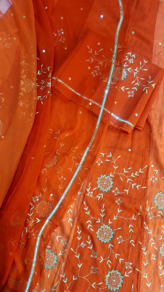 ORANGE UNSTITCHED HANDWORK LEHNGA SET
