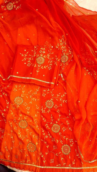 ORANGE UNSTITCHED HANDWORK LEHNGA SET