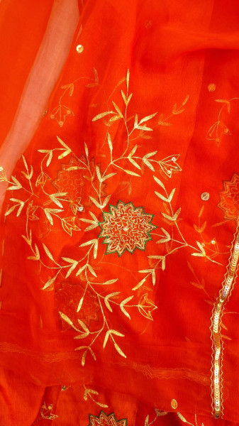 ORANGE UNSTITCHED HANDWORK LEHNGA SET