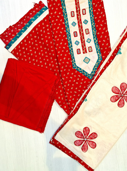 REḌ COTTON BHANDEJ MIRROR HANDWORK  SUIT SET