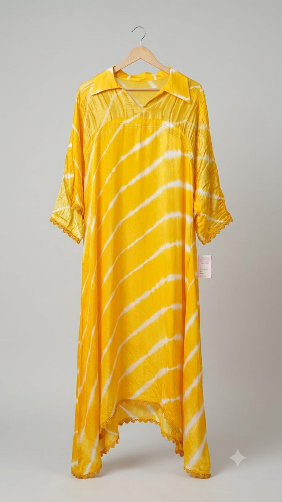 Image of YELLOW LEHRIYA GAJJI KAFTAN SET
