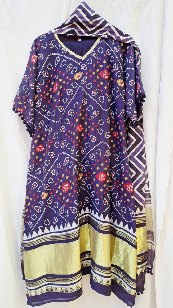Image of DARK PURPLE BHANDEJ SUIT PANT WITH LEHRIYA DUPPTTA SET