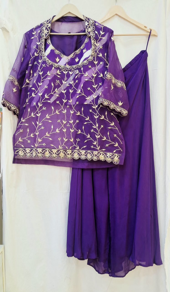 Image of PURPLE LEHRIYA HANDWORK KURTI WITH FLAYED PLAZO SET