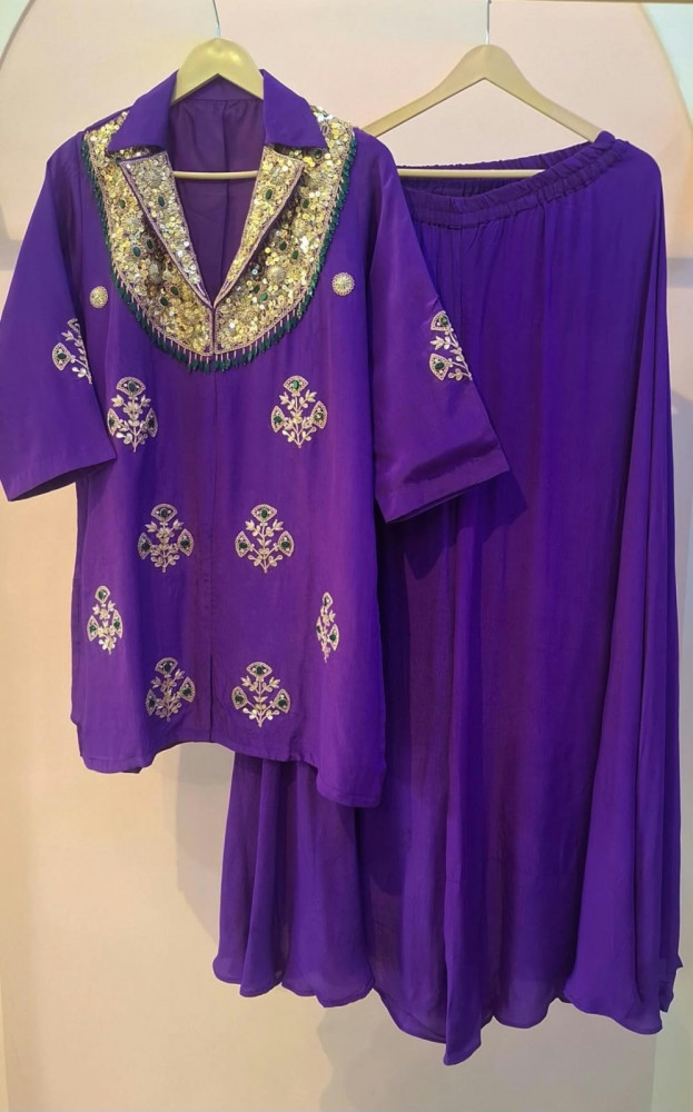 Image of PURPLE HEAVY HANDWORK JACKET SHORT KURTI WITH FLAYED PLAZO SET